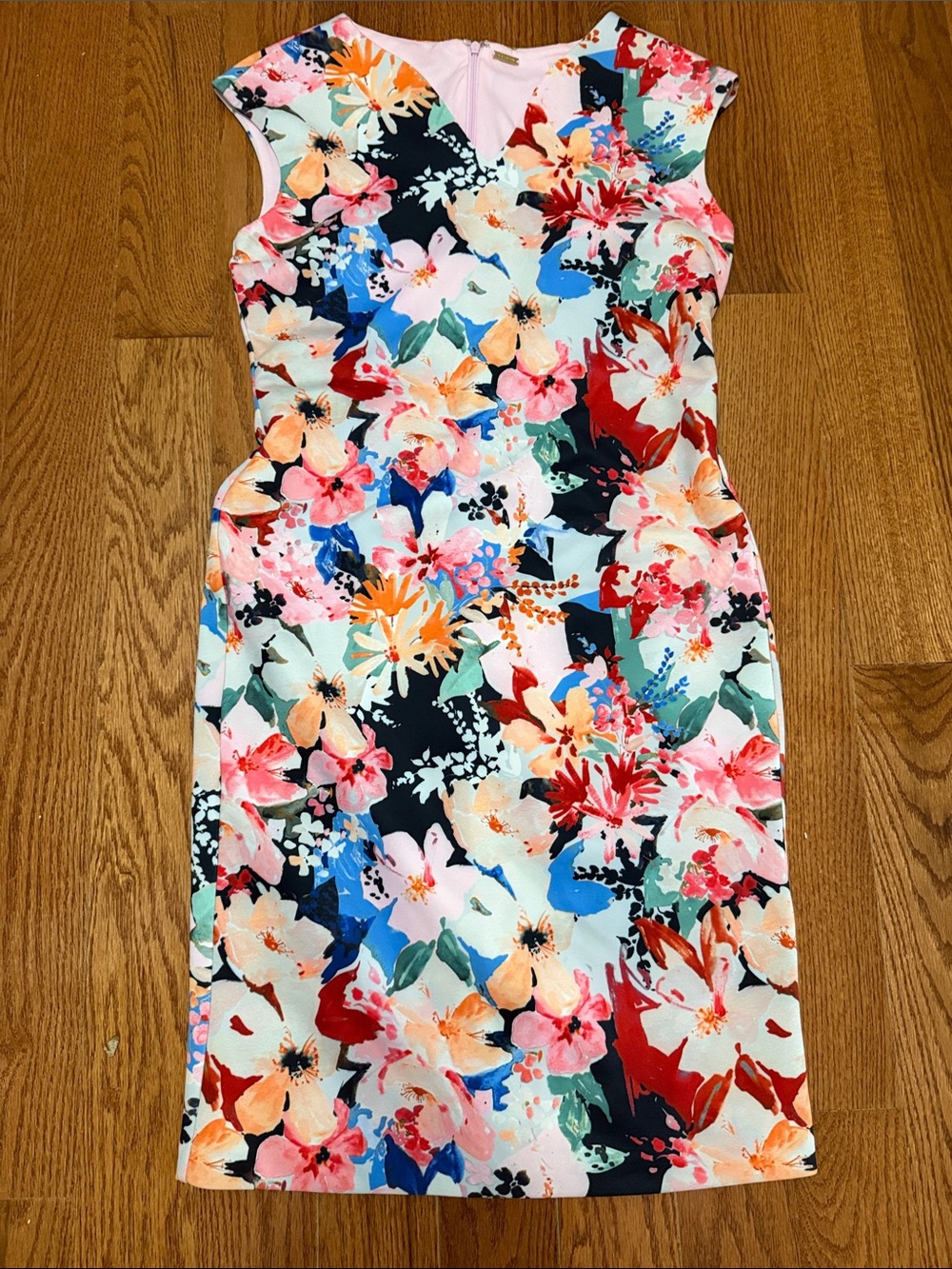 T Tahari Multicolor Floral Cap-Sleeve Sheath Dress Size Small